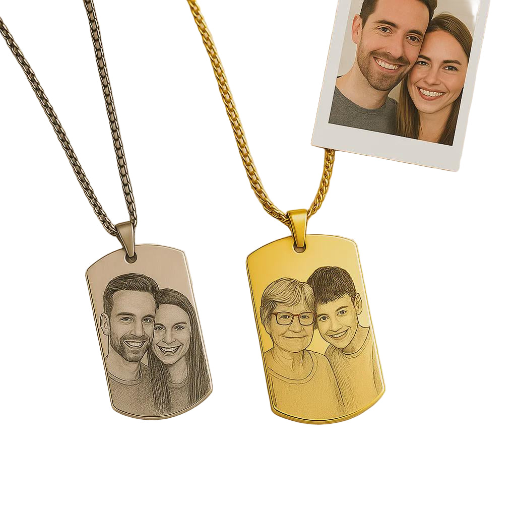 Two gold dog tags with engraved portraits and a photo of a couple on a white background.