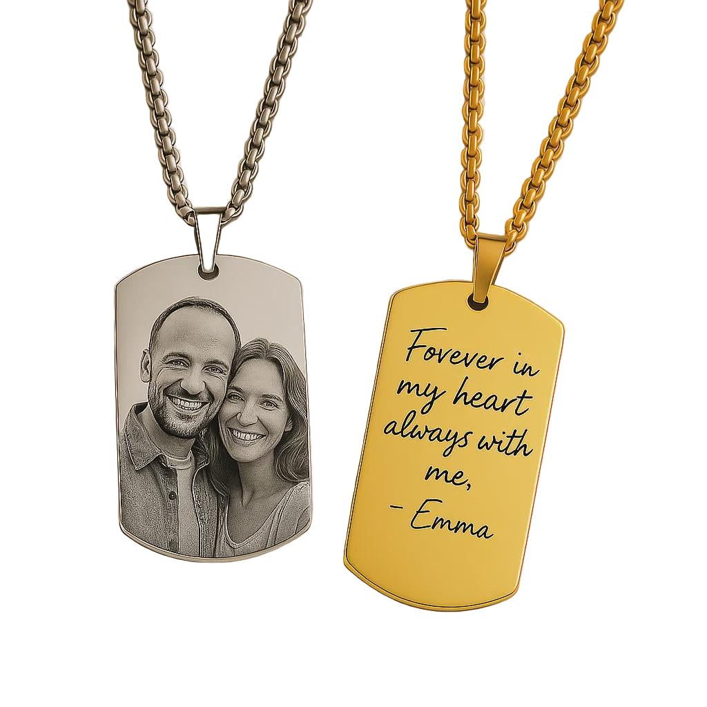 Two dog tags, one with a photo of a couple and the other with a quote, on gold chains.