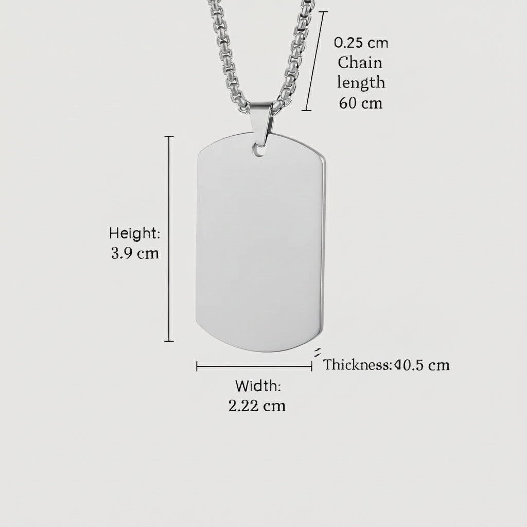 Silver dog tag necklace with dimensions on a white background