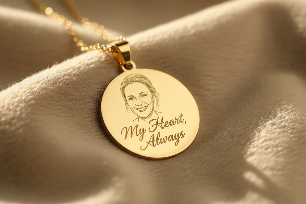 A close-up product photo of a gold photo engraved round necklace on a beige background, with soft natural lighting. The pendant shows a realistic laser-engraved portrait and elegant handwriting text underneath. Minimal shadows, premium look, Etsy jewelry aesthetic, warm tones, depth of field blur.