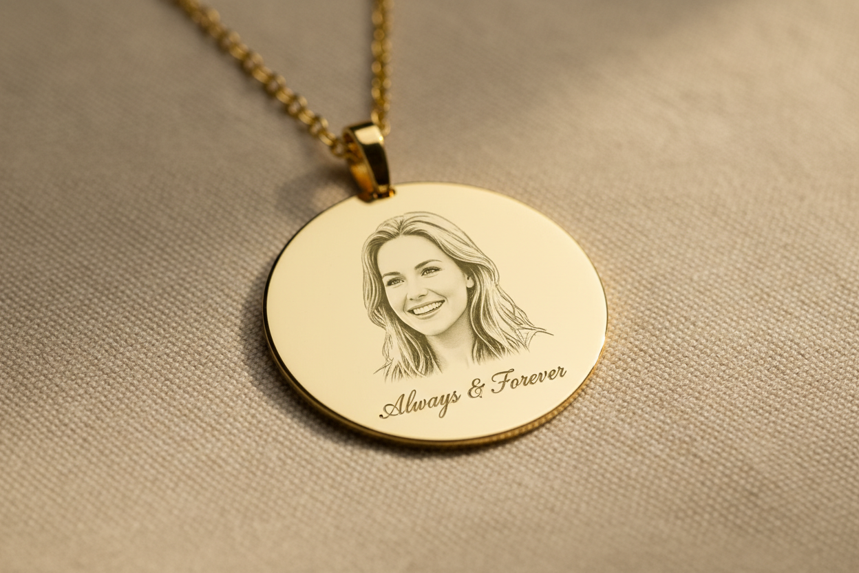 A close-up product photo of a gold photo engraved round necklace on a beige background, with soft natural lighting. The pendant shows a realistic laser-engraved portrait and elegant handwriting text underneath. Minimal shadows, premium look, Etsy jewelry aesthetic, warm tones, depth of field blur.