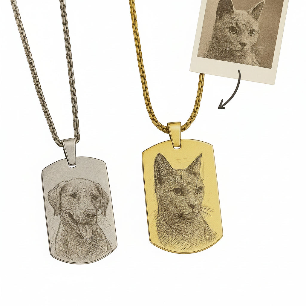Two dog tags with engraved pet portraits and a photo of a cat, branded 'Ayleen Handmade'.