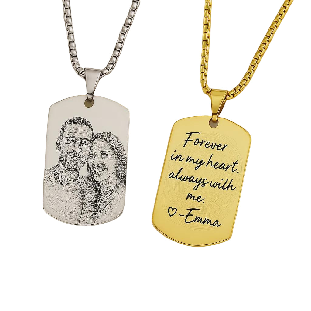 Two dog tag necklaces, one with a photo of a couple and the other with engraved text, on a white background.